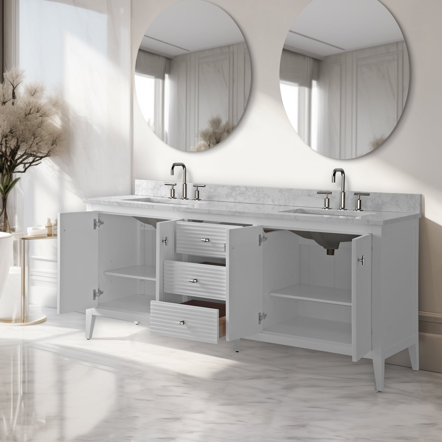 Mobiletto per lavabo da bagno Vanity Art 72 con doppio lavabo e piano in marmo ingegnerizzato