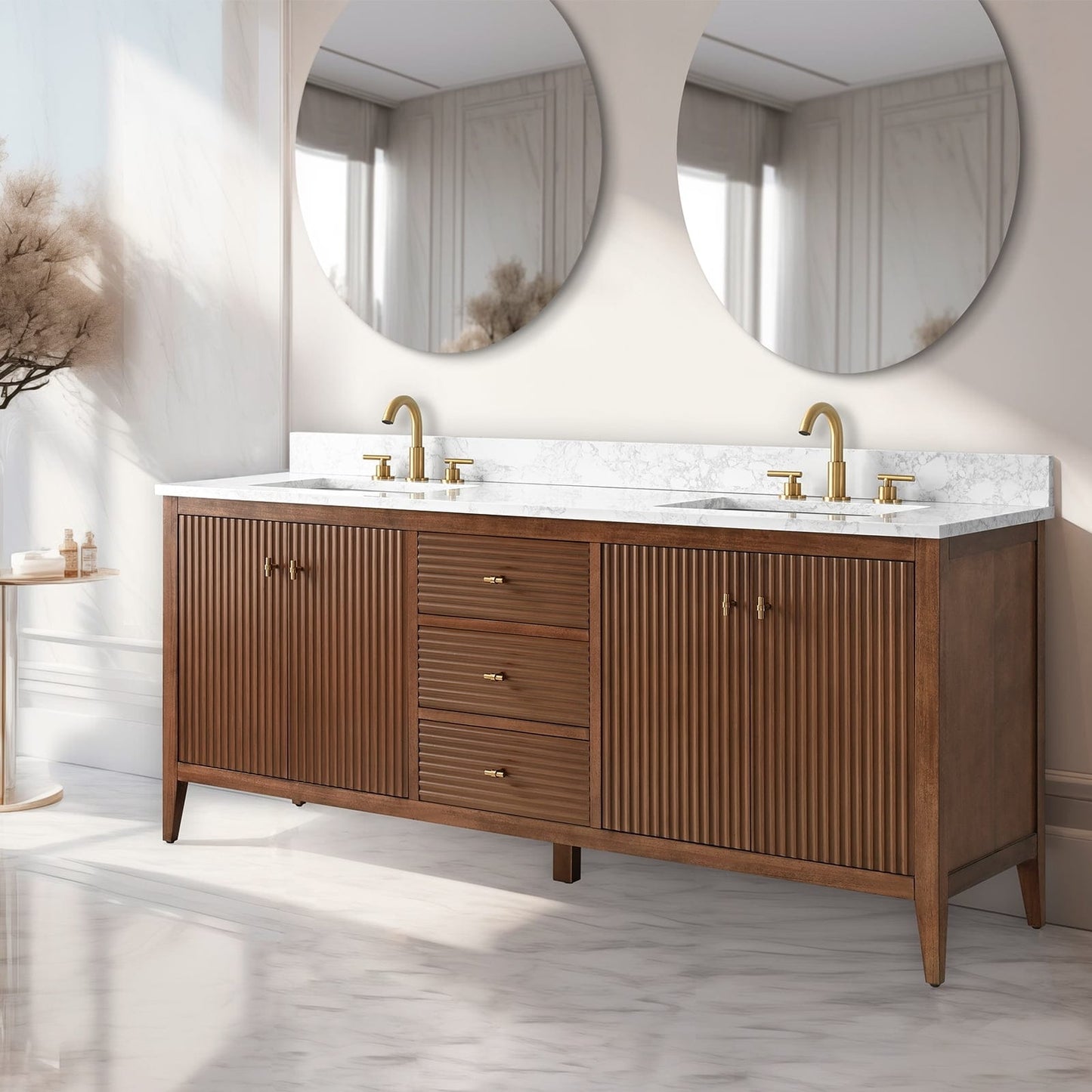 Mobiletto per lavabo da bagno Vanity Art 72 con doppio lavabo e piano in marmo ingegnerizzato