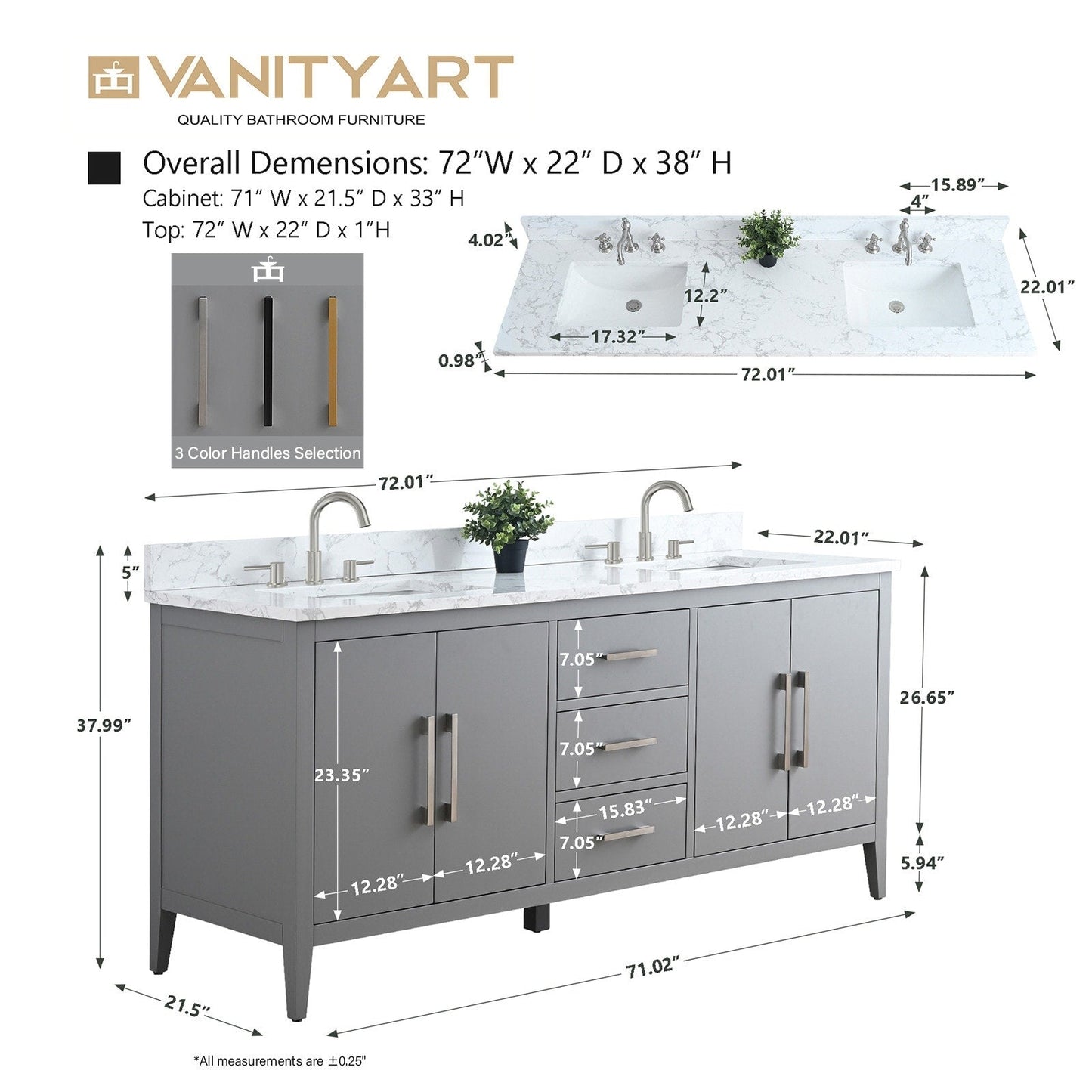Mobiletto per lavabo da bagno Vanity Art 72 con doppio lavabo e piano in marmo ingegnerizzato