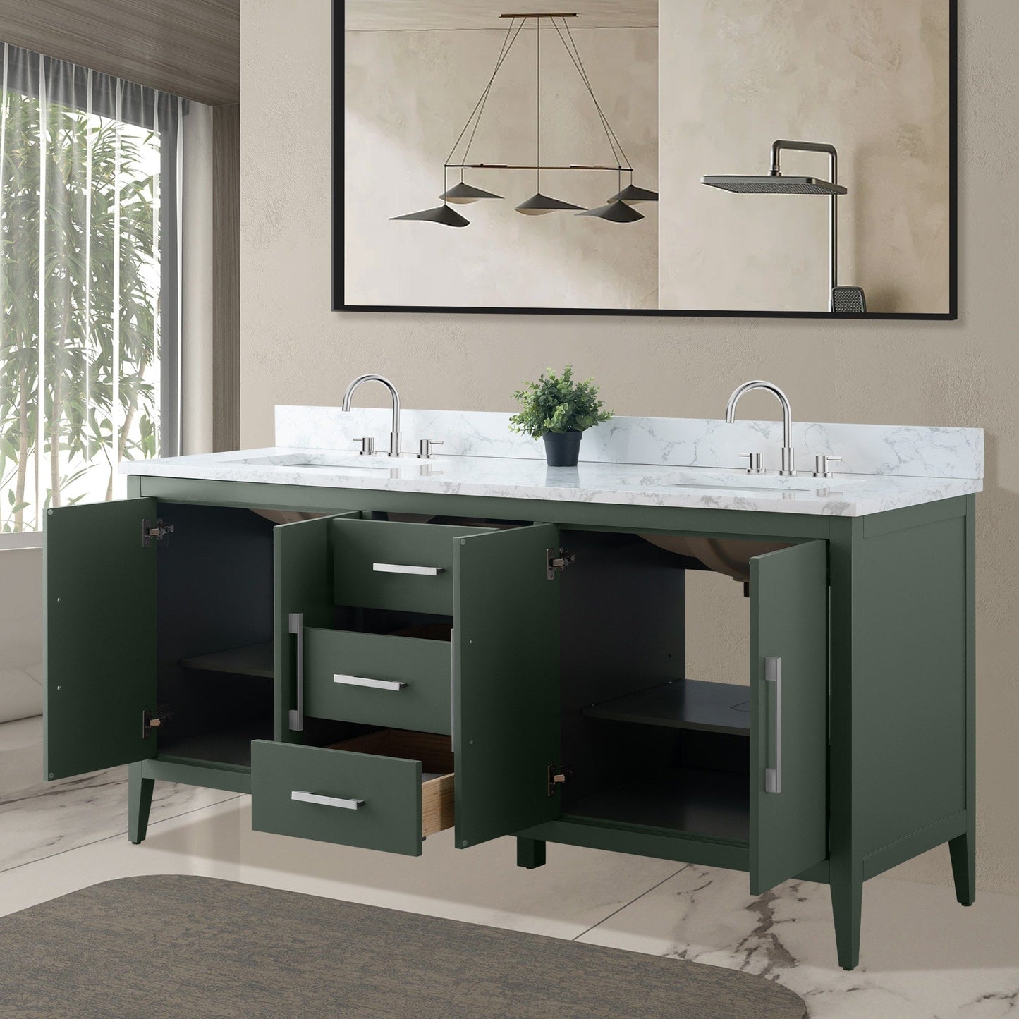 Mobiletto per lavabo da bagno Vanity Art 72 con doppio lavabo e piano in marmo ingegnerizzato