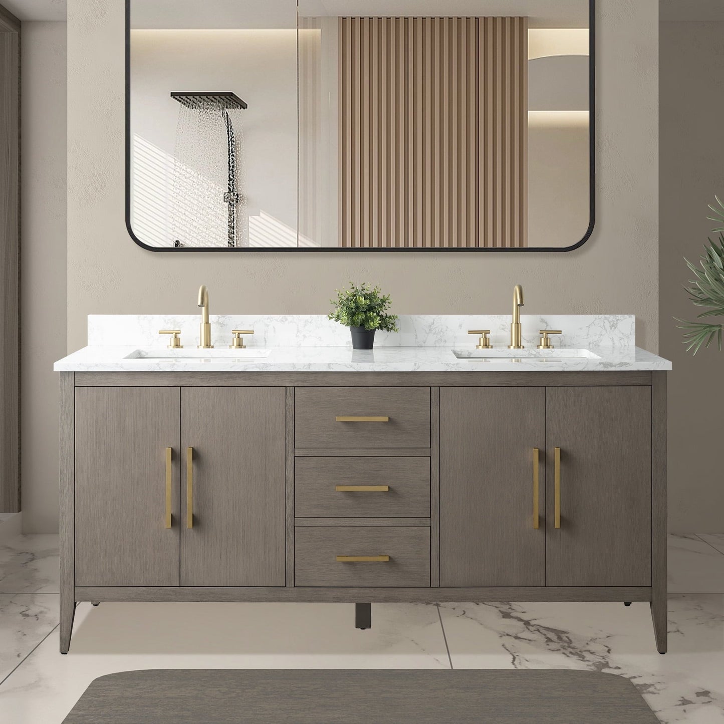 Mobiletto per lavabo da bagno Vanity Art 72 con doppio lavabo e piano in marmo ingegnerizzato