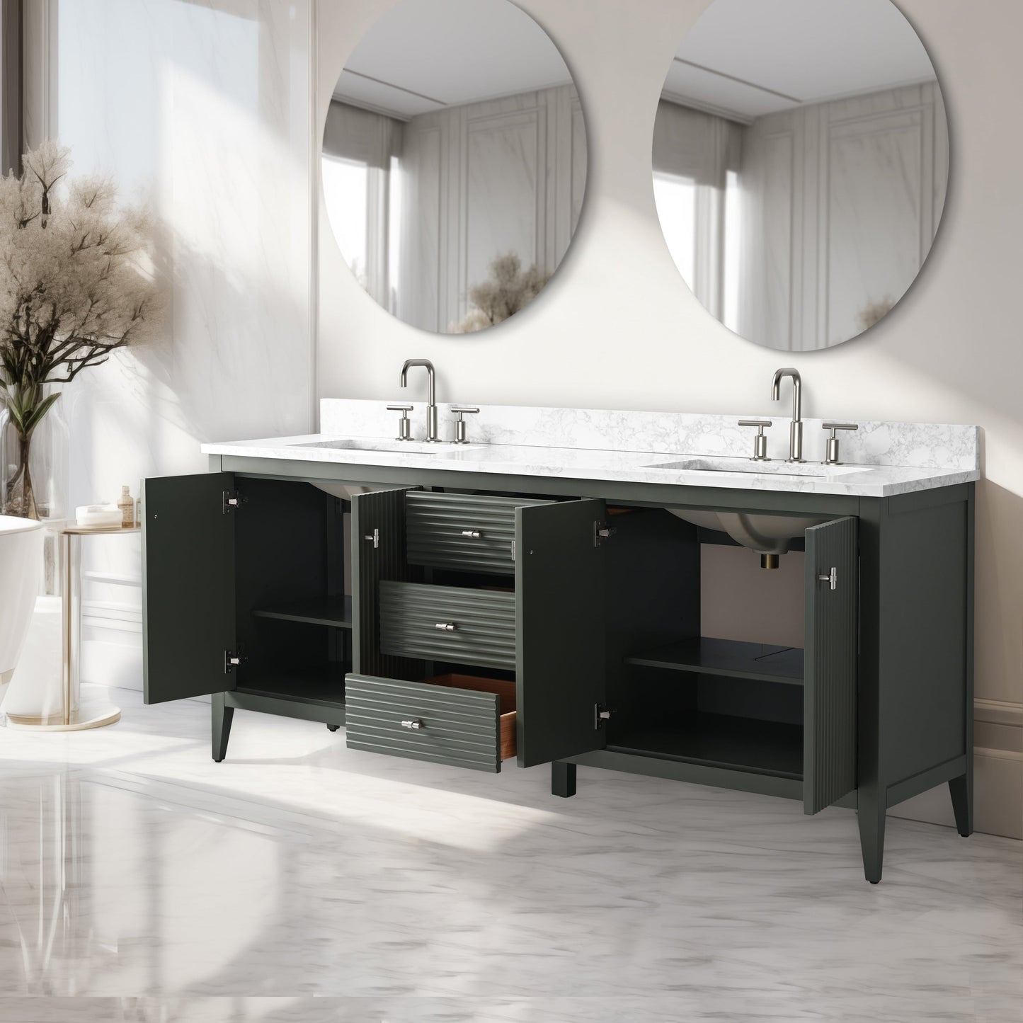 Mobiletto per lavabo da bagno Vanity Art 72 con doppio lavabo e piano in marmo ingegnerizzato