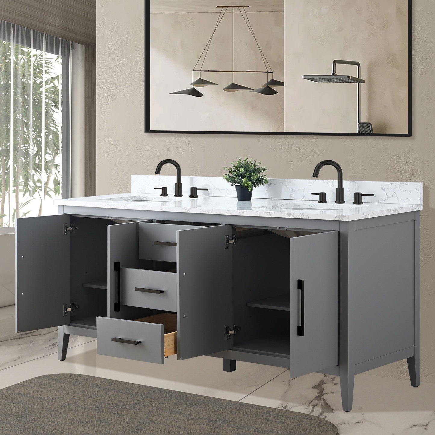 Mobiletto per lavabo da bagno Vanity Art 72 con doppio lavabo e piano in marmo ingegnerizzato