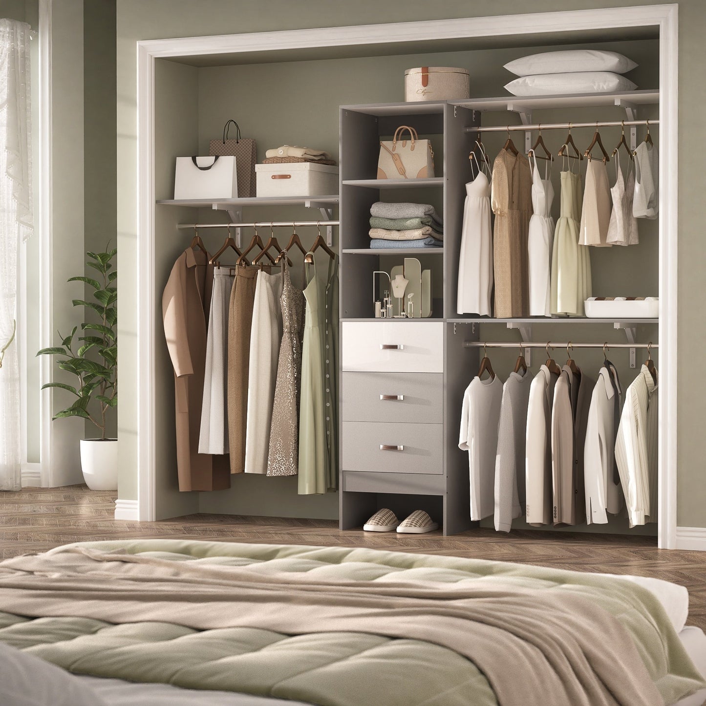 Rackcog 120'' Organizer per armadio regolabile con cassetti, sistema per armadio con ripiani fai da te per armadi a muro e cabine armadio