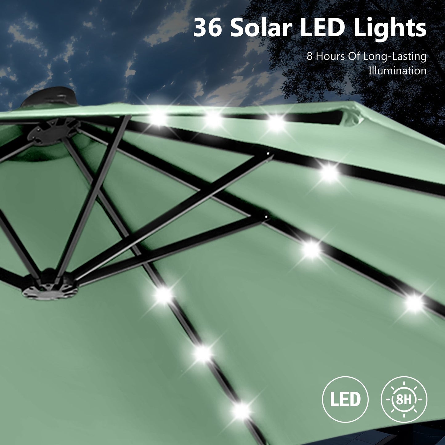 MAISON ARTS Ombrellone da esterno rettangolare da 15 piedi con manovella, doppio lato, con illuminazione a LED solare e base inclusa