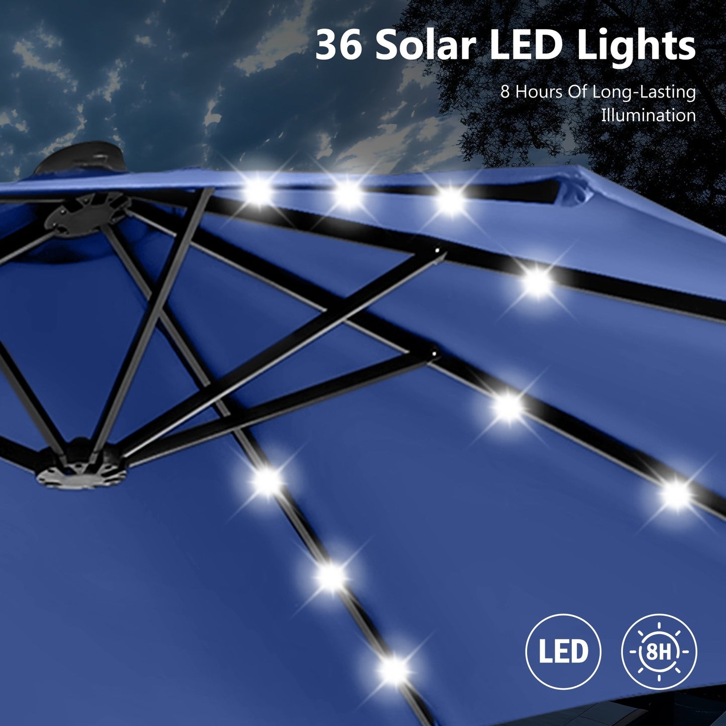 MAISON ARTS Ombrellone da esterno rettangolare da 15 piedi con manovella, doppio lato, con illuminazione a LED solare e base inclusa