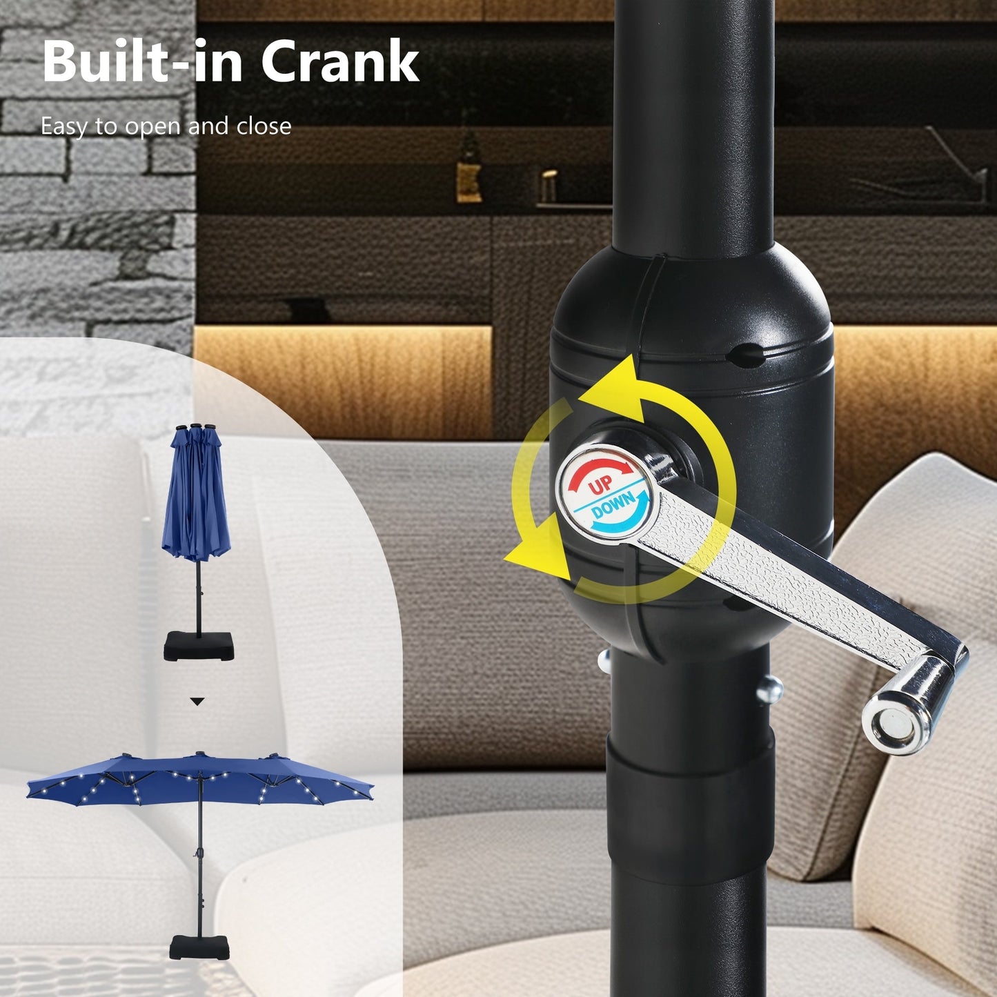 MAISON ARTS Ombrellone da esterno rettangolare da 15 piedi con manovella, doppio lato, con illuminazione a LED solare e base inclusa