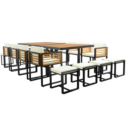 Set da pranzo da giardino in legno di acacia da 18 pezzi, 8 sedie imbottite, 8 pouf e 2 tavoli quadrati