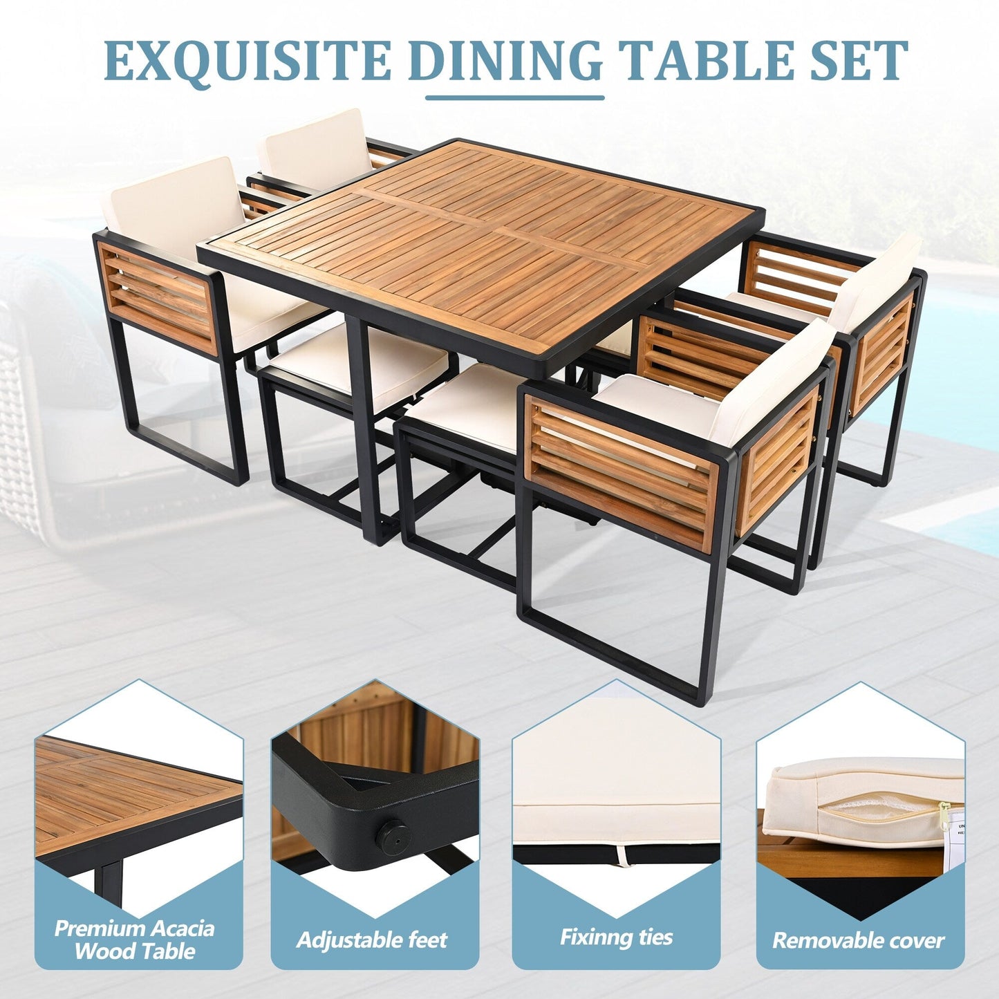 Set da pranzo da giardino in legno di acacia da 18 pezzi, 8 sedie imbottite, 8 pouf e 2 tavoli quadrati