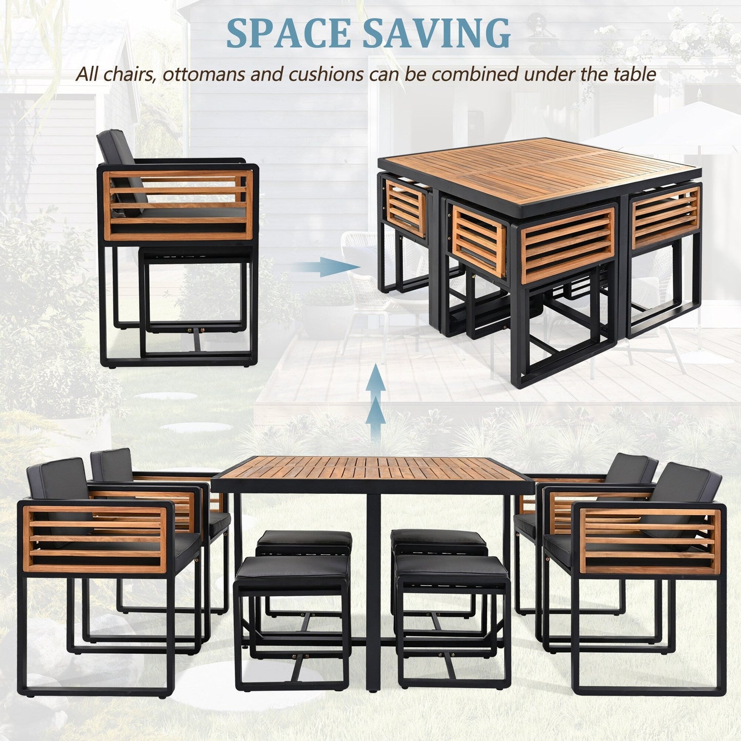 Set da pranzo da giardino in legno di acacia da 18 pezzi, 8 sedie imbottite, 8 pouf e 2 tavoli quadrati
