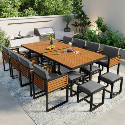 Set da pranzo da giardino in legno di acacia da 18 pezzi, 8 sedie imbottite, 8 pouf e 2 tavoli quadrati