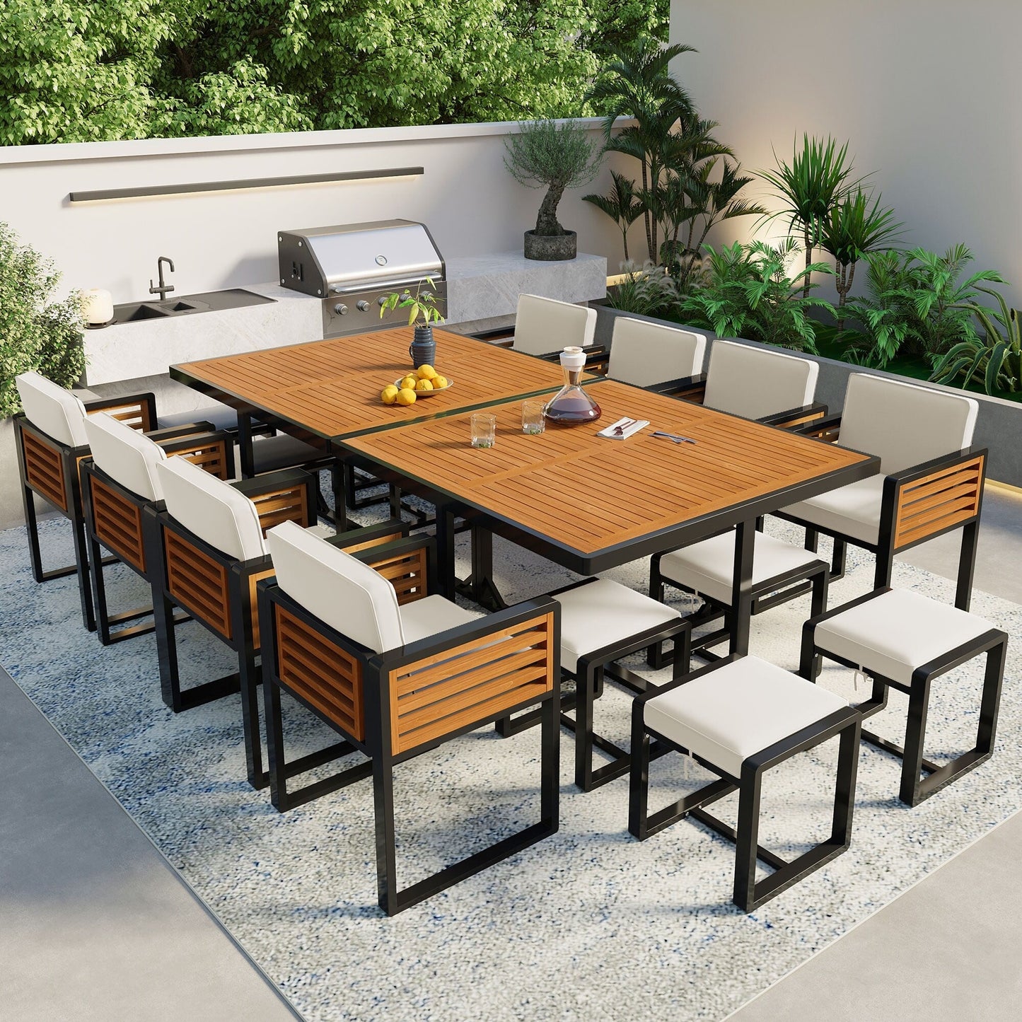 Set da pranzo da giardino in legno di acacia da 18 pezzi, 8 sedie imbottite, 8 pouf e 2 tavoli quadrati