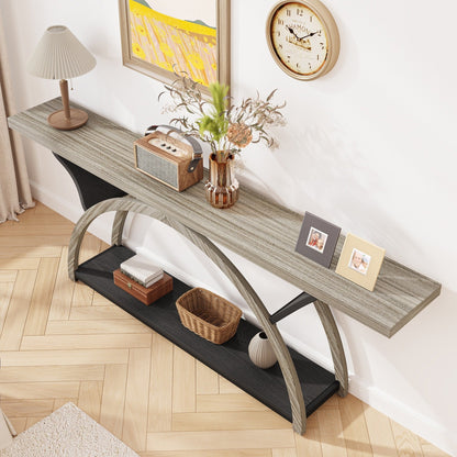 Tavolino da divano a 2 ripiani, stretto e lungo, con struttura semicircolare per ingresso, tavolini decorativi grigi per corridoio