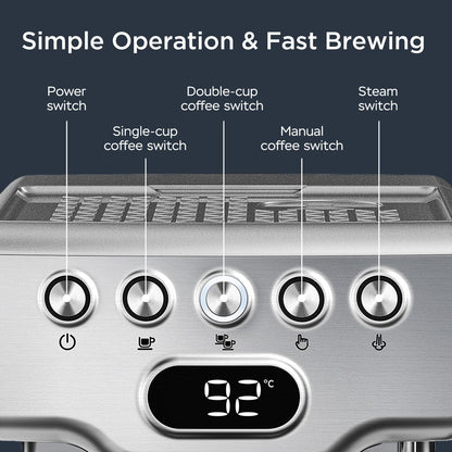 Macchina per caffè espresso semiautomatica in acciaio inossidabile argentato da 20 tazze con serbatoio dell'acqua da 0,5 galloni