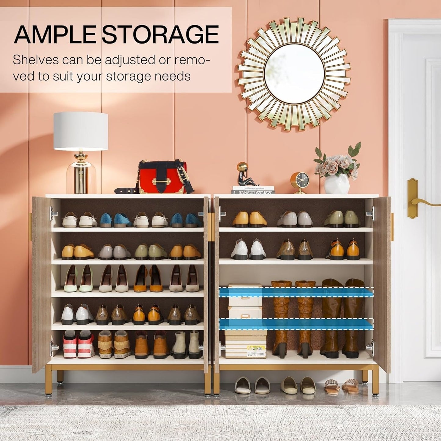 Scarpiera da 20 paia, scarpiera moderna da 37,4 pollici con ante, bianco e oro