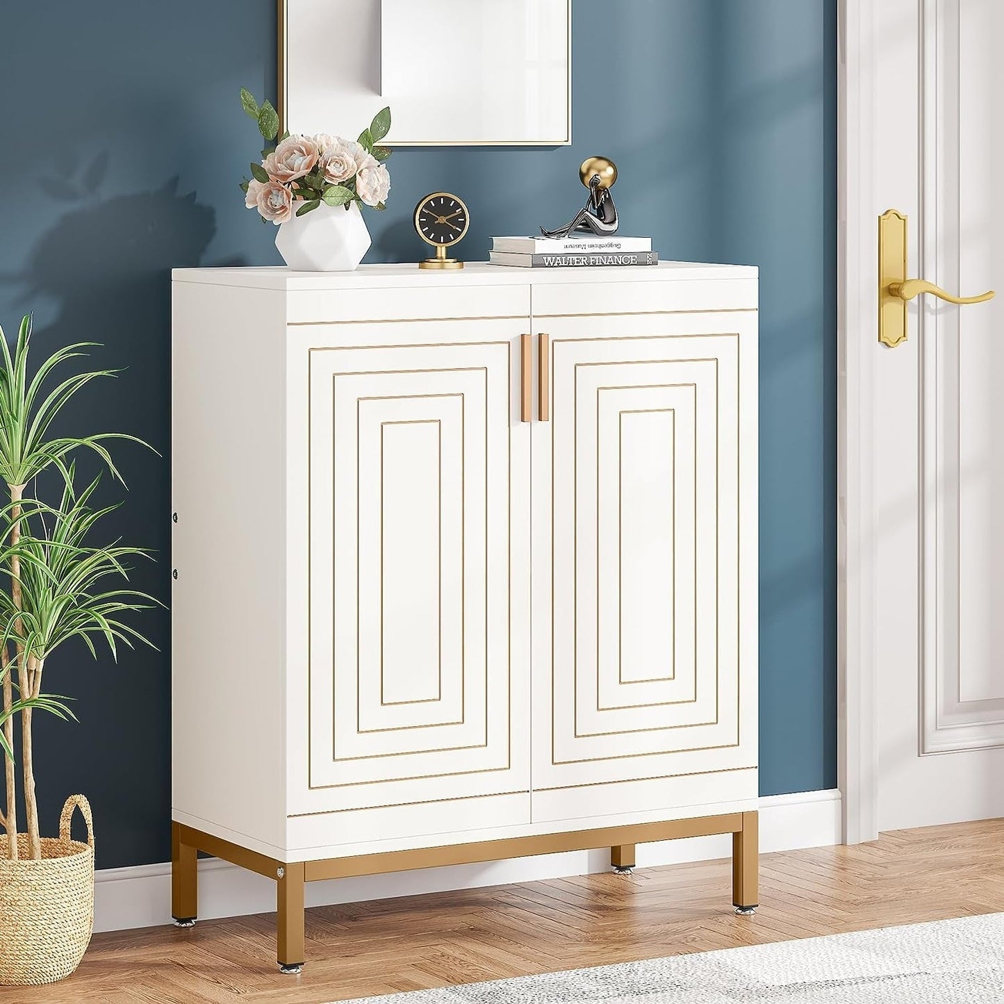 Scarpiera da 20 paia, scarpiera moderna da 37,4 pollici con ante, bianco e oro