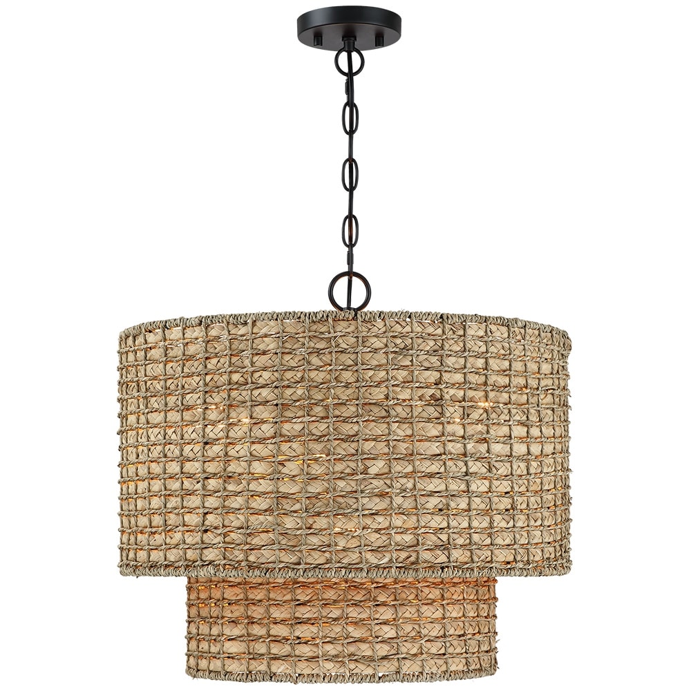 Lampada a sospensione tradizionale a tamburo in rattan naturale a 4 luci con baldacchino nero - Nero/terroso - 20 pollici di larghezza