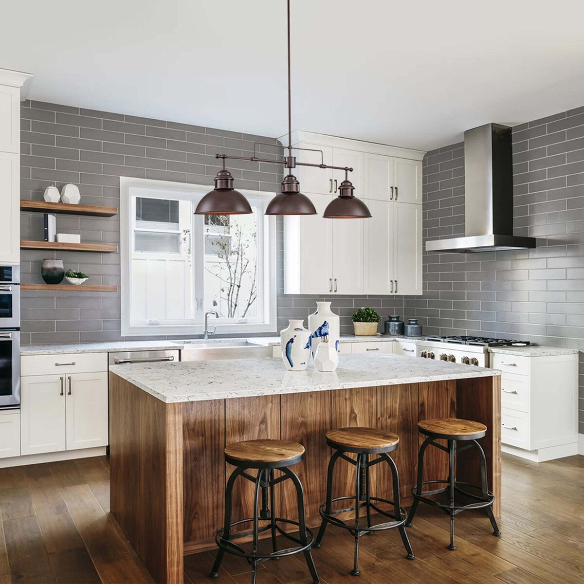 Lampada a sospensione a cupola industriale a 3 luci, in metallo, lineare, per isola da cucina, finitura in bronzo oliato