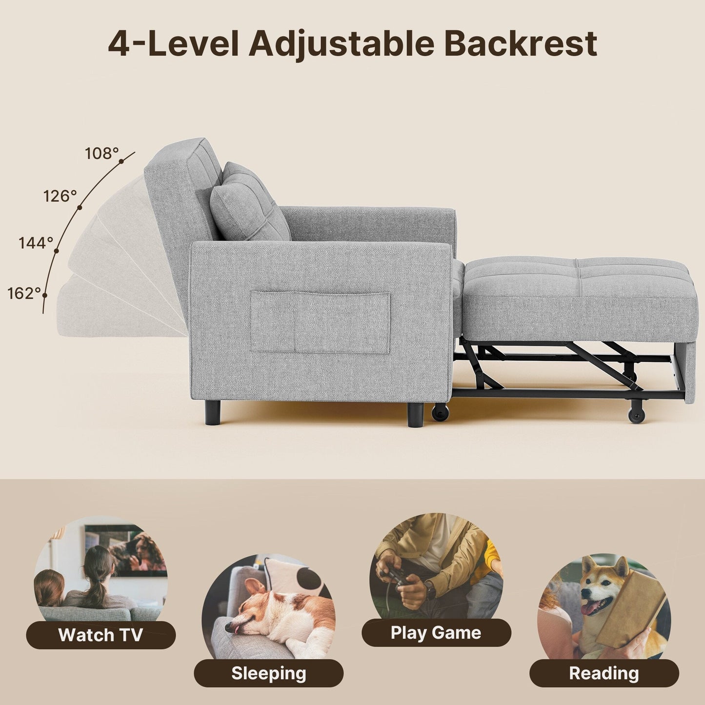 Divano letto estraibile 3 in 1, poltrona letto imbottita, pieghevole, regolabile e convertibile