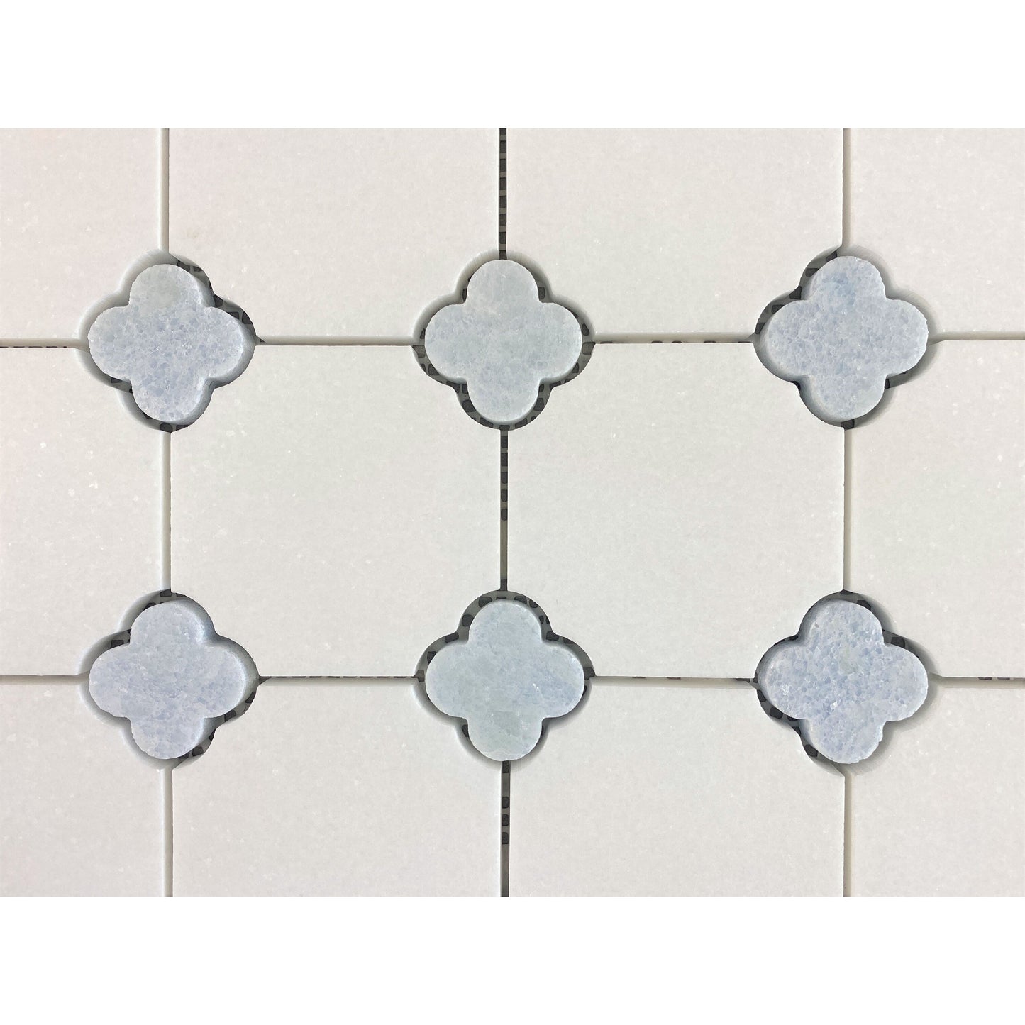 Tessere di mosaico in marmo bianco Thassos con motivo floreale blu celeste - Confezione da 10 fogli