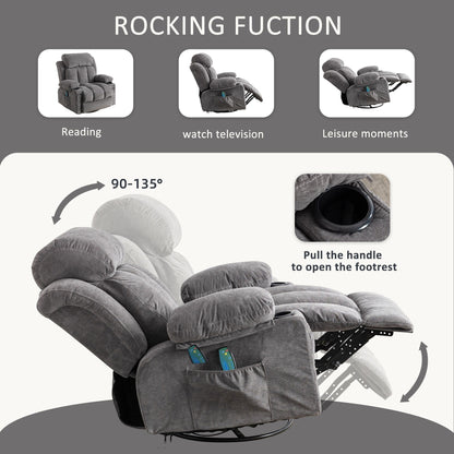 Poltrona reclinabile girevole a 360° con massaggio, riscaldamento, USB e portabicchieri