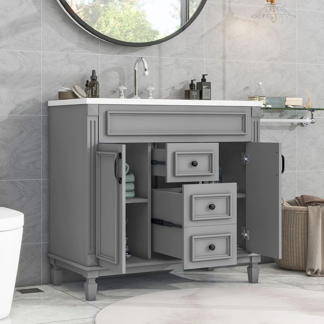 Mobile bagno moderno da 36'' con lavabo superiore e mobiletto a specchio, 2 ante e 2 cassetti