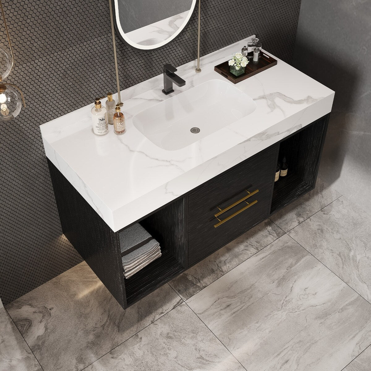 Mobile bagno sospeso da 39,4'' con lavabo in ceramica, mobile sospeso a parete, 2 cassetti con chiusura ammortizzata e piano in ardesia bianca - 39'4 x 18'9