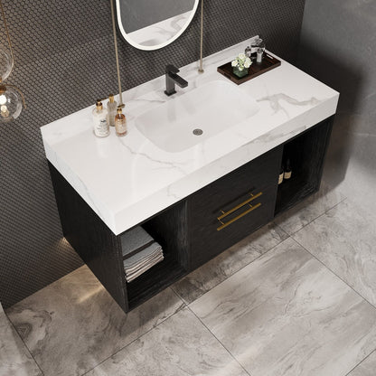 Mobile bagno sospeso da 39,4'' con lavabo in ceramica, mobile sospeso a parete, 2 cassetti con chiusura ammortizzata e piano in ardesia bianca - 39'4 x 18'9