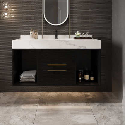 Mobile bagno sospeso da 39,4'' con lavabo in ceramica, mobile sospeso a parete, 2 cassetti con chiusura ammortizzata e piano in ardesia bianca - 39'4 x 18'9
