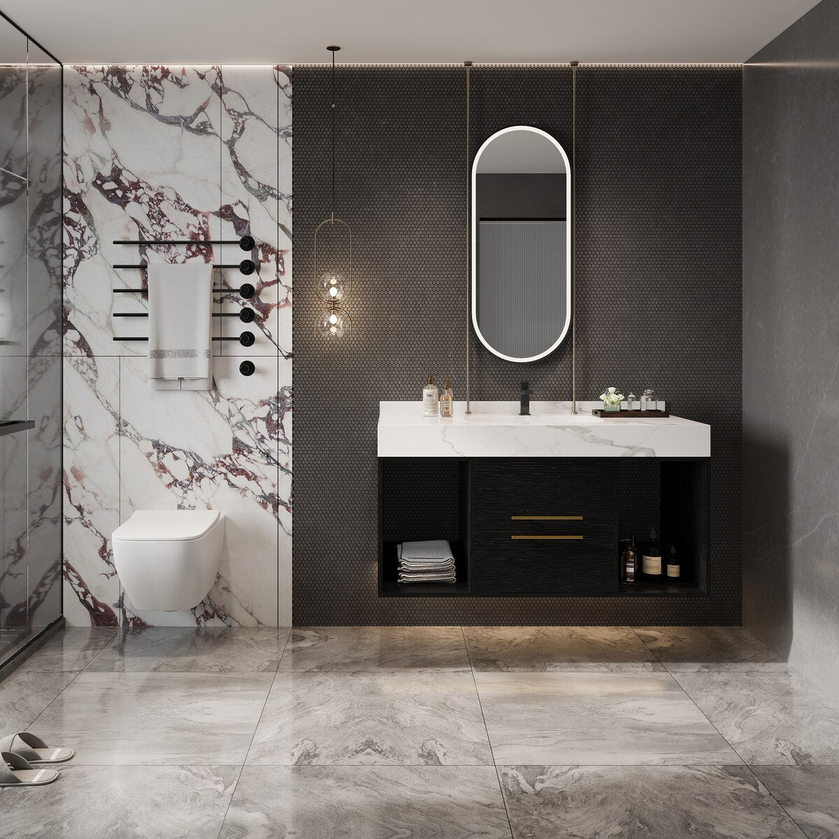 Mobile bagno sospeso da 39,4'' con lavabo in ceramica, mobile sospeso a parete, 2 cassetti con chiusura ammortizzata e piano in ardesia bianca - 39'4 x 18'9