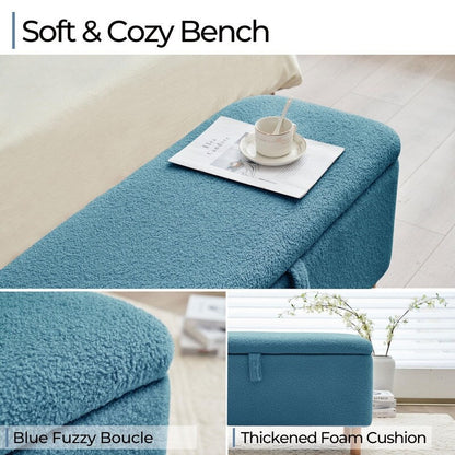 39,5 Panca contenitore Boucle bianco sporco, panca contenitore Sherpa, poggiapiedi per letto, per soggiorno, camera da letto, gambe in legno