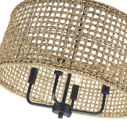 Lampadario a tamburo intrecciato a mano in stile bohémien a 4 luci - Paglia - 20 pollici di larghezza