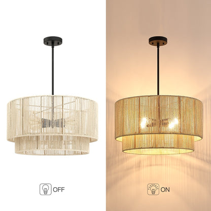 Lampadario a tamburo a 4 luci in rattan con baldacchino nero - 22'' W