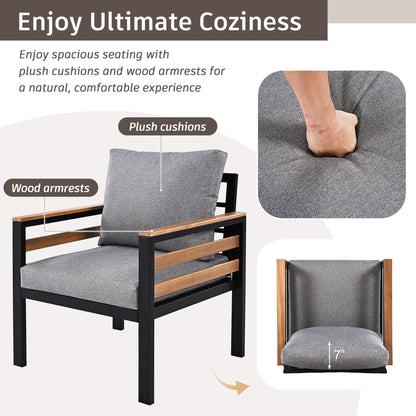 Set di divani da esterno da 4 pezzi per 5 persone con cuscino rimovibile e tavolino da caffè in legno massello