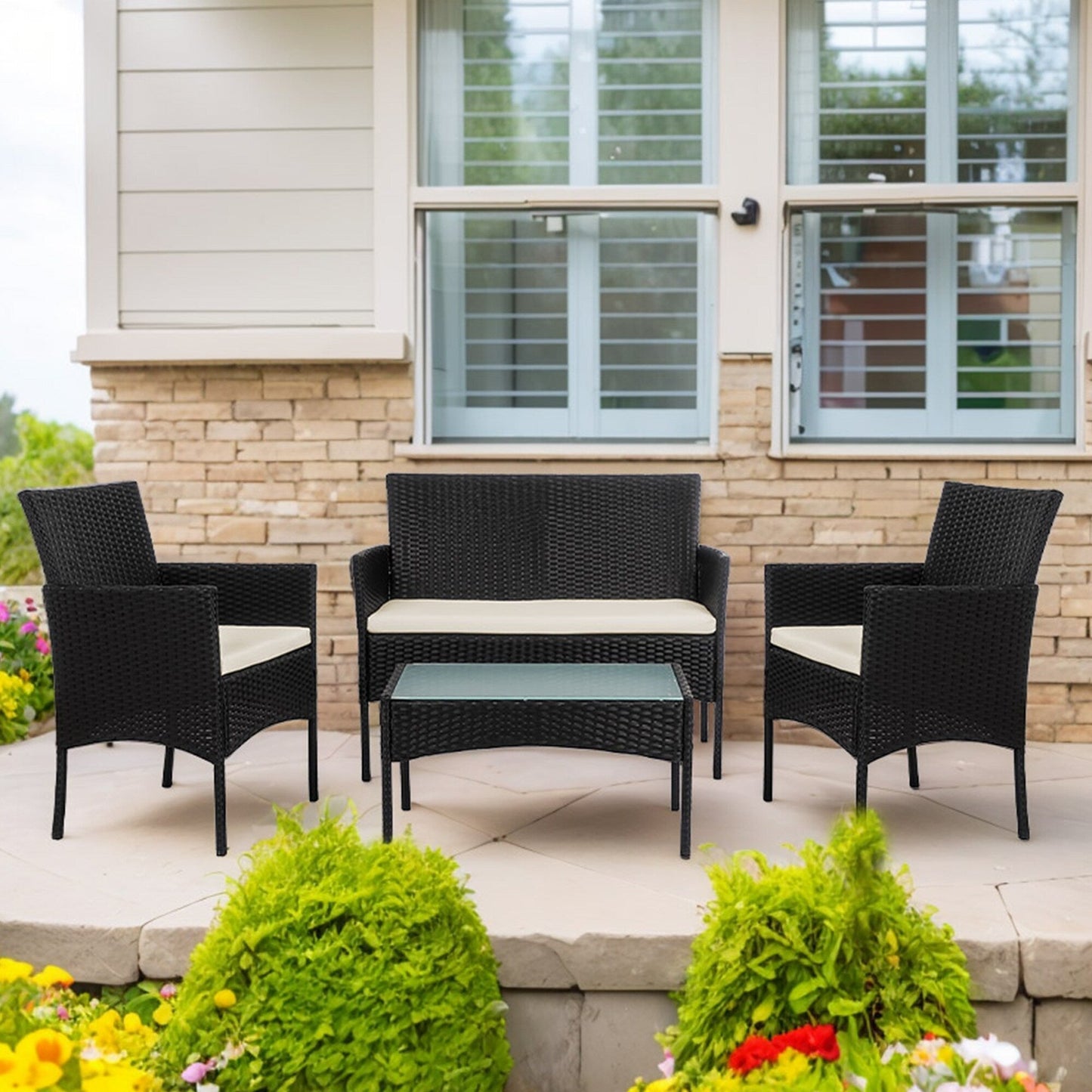 Set di mobili da giardino in vimini da 4 pezzi, set di mobili da esterno in rattan con cuscini