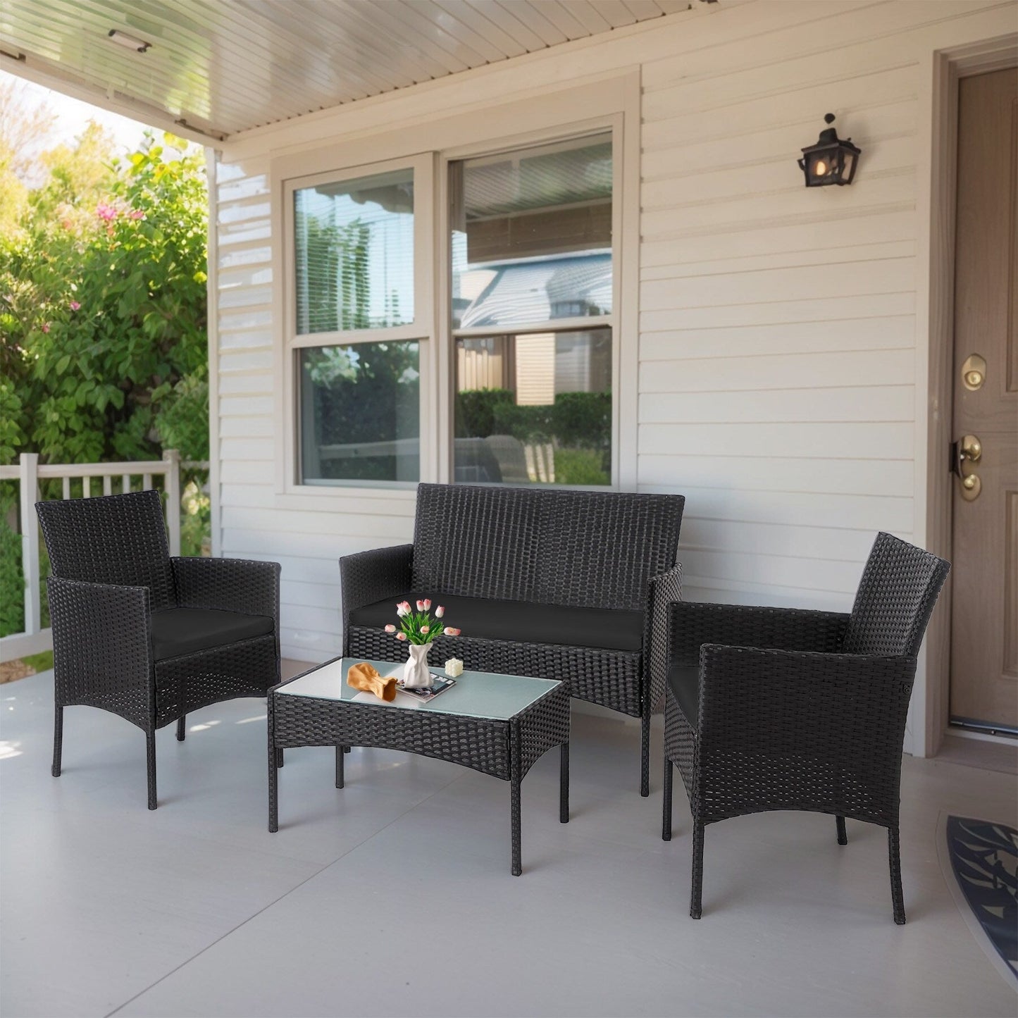 Set di mobili da giardino in vimini da 4 pezzi, set di mobili da esterno in rattan con cuscini