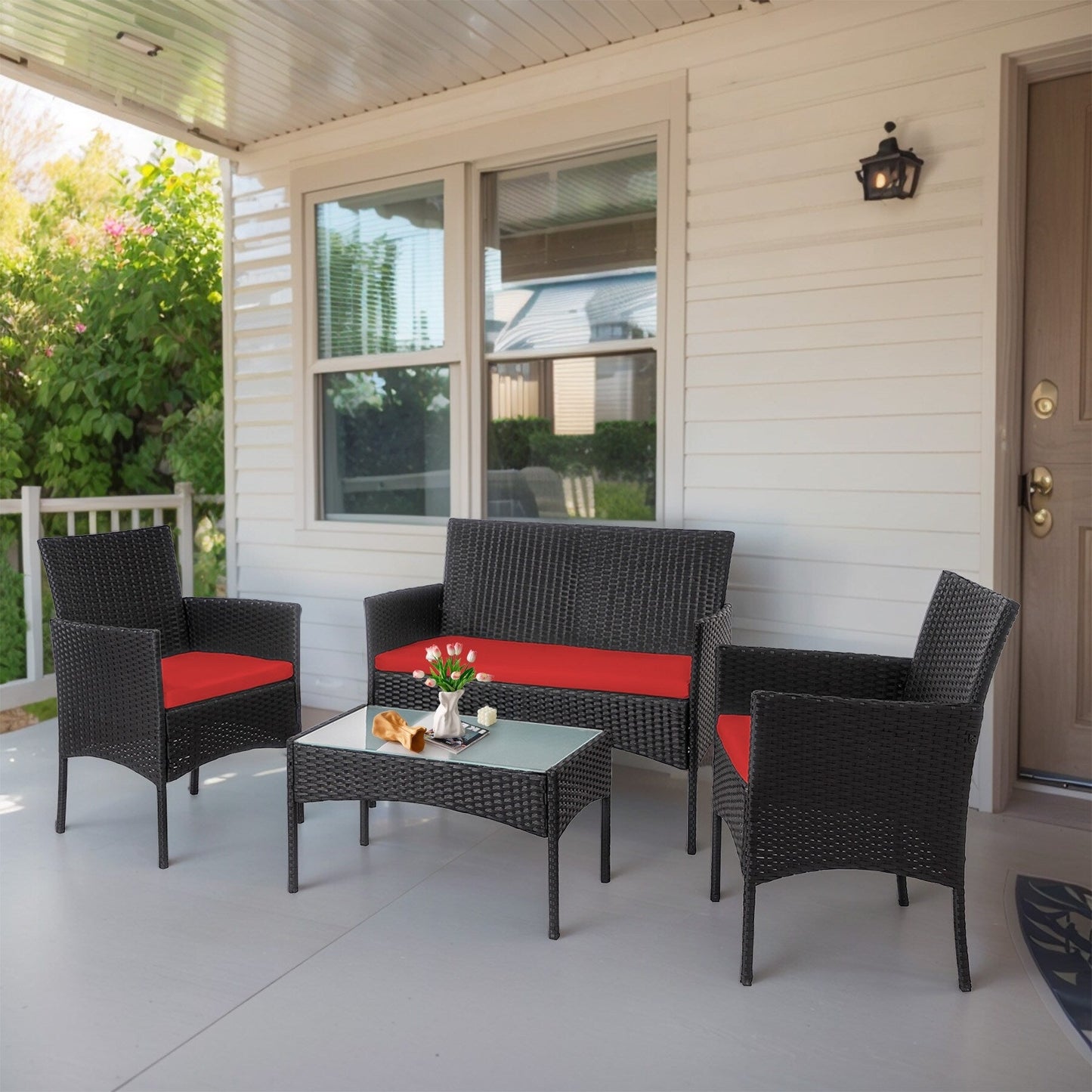 Set di mobili da giardino in vimini da 4 pezzi, set di mobili da esterno in rattan con cuscini