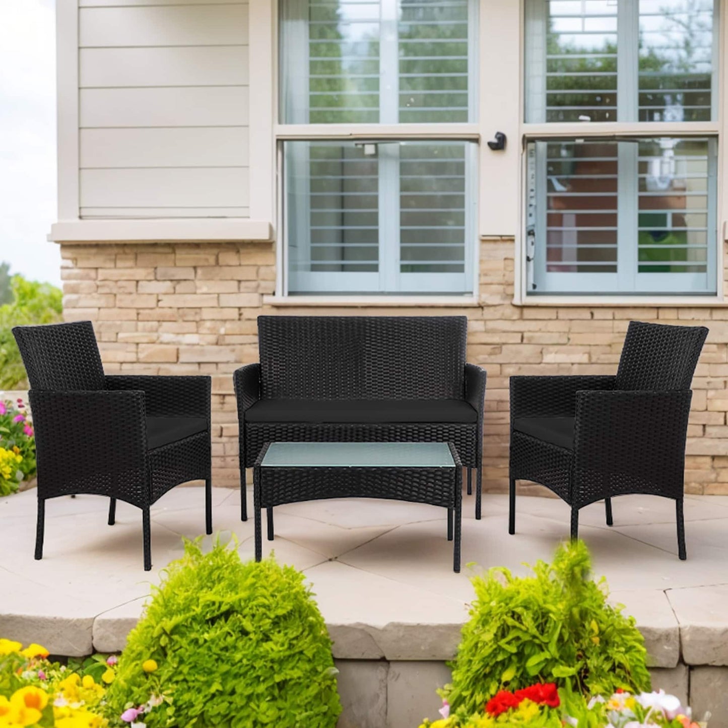 Set di mobili da giardino in vimini da 4 pezzi, set di mobili da esterno in rattan con cuscini