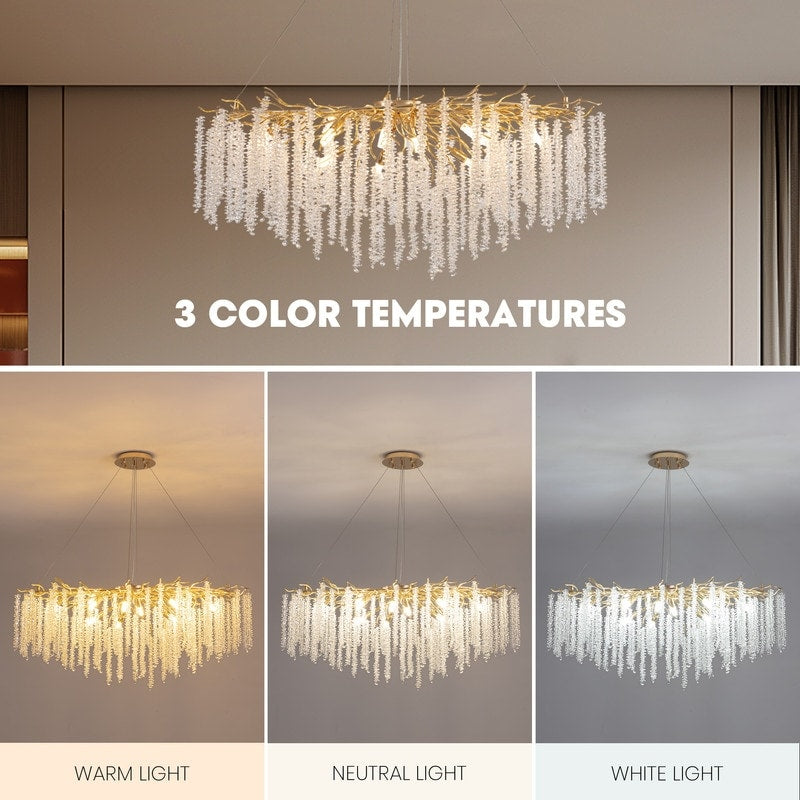 Lampadario rettangolare moderno in cristallo dorato da 40 pollici con rami di albero, lampadario per isola cucina, lampada a sospensione per sala da pranzo