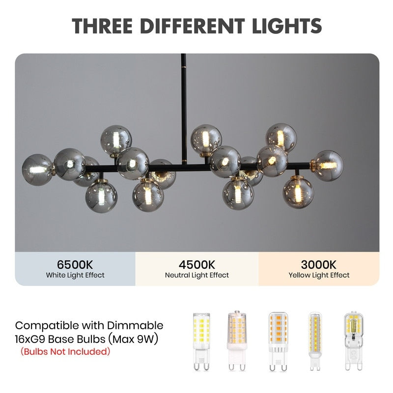 Lampadario lineare moderno di metà secolo da 40 pollici, lampada a sospensione Sputnik in ottone dorato a 16 luci con globo in vetro smerigliato per sala da pranzo