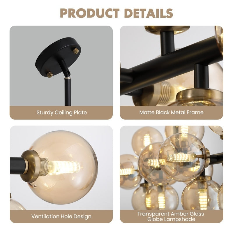 Lampadario lineare moderno di metà secolo da 40 pollici, lampada a sospensione Sputnik in ottone dorato a 16 luci con globo in vetro smerigliato per sala da pranzo