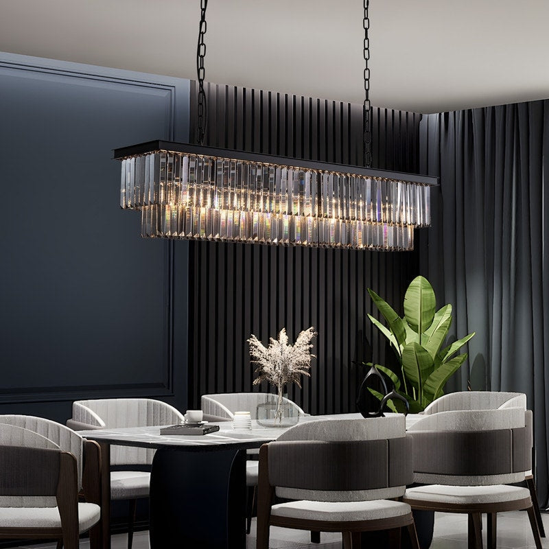 Lampadario moderno contemporaneo in cristallo grigio fumé e nero da 47 pollici, a 2 livelli, con isola da cucina lineare, per sala da pranzo