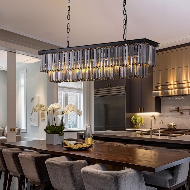 Lampadario moderno contemporaneo in cristallo grigio fumé e nero da 47 pollici, a 2 livelli, con isola da cucina lineare, per sala da pranzo