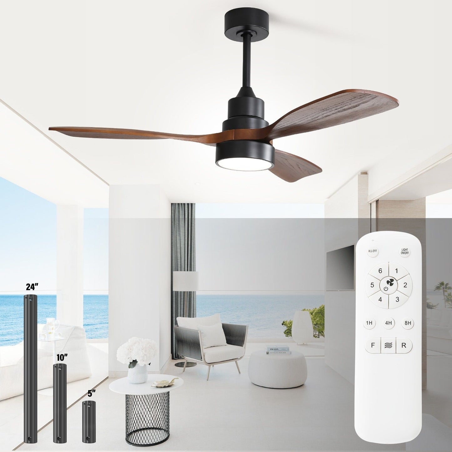 Ventilatore da soffitto a LED integrato da 48 e 52 pollici con luce e telecomando, motore CC reversibile
