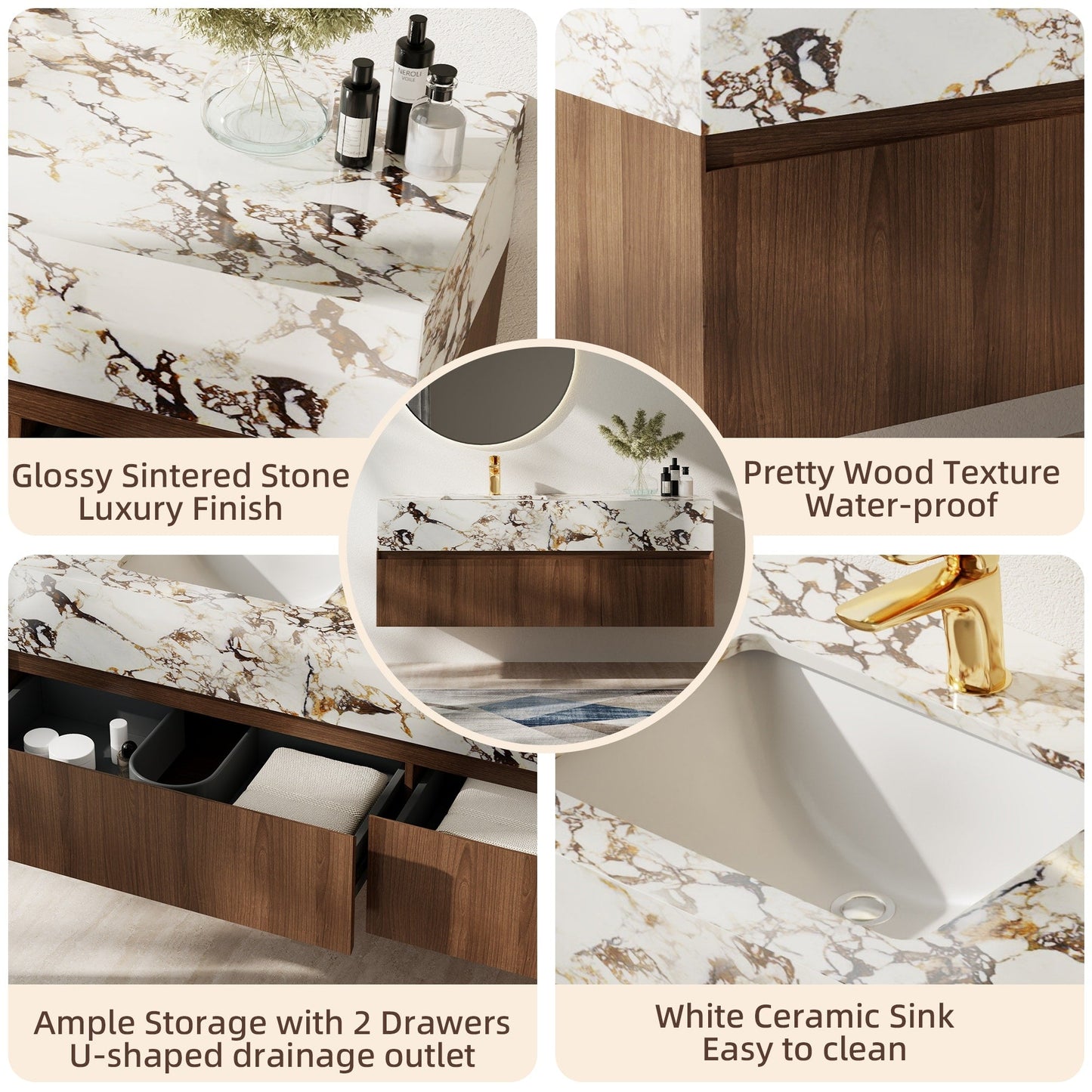 Mobile bagno singolo moderno da 48'', con piano in finto marmo lucido, legno massello