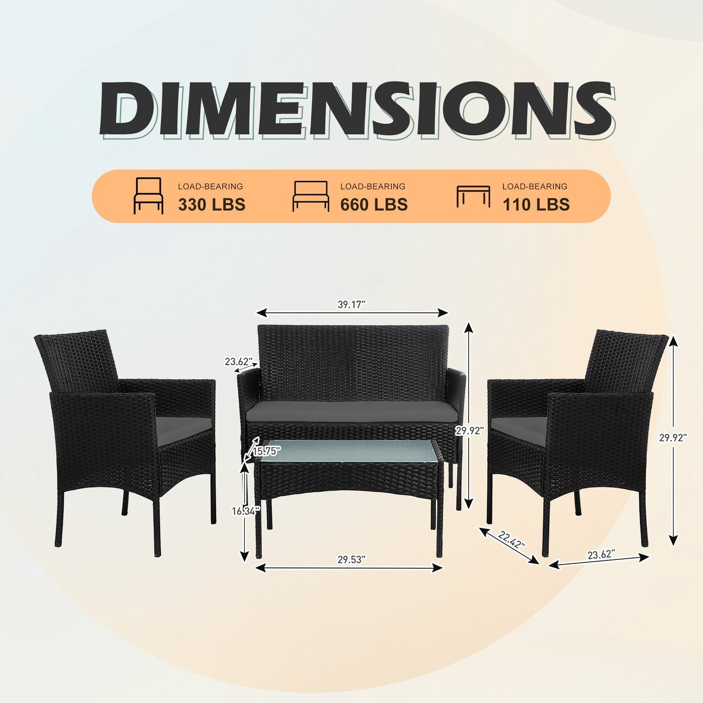 Set di mobili da giardino in vimini da 4 pezzi, set di mobili da esterno in rattan con cuscini