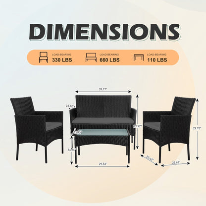 Set di mobili da giardino in vimini da 4 pezzi, set di mobili da esterno in rattan con cuscini