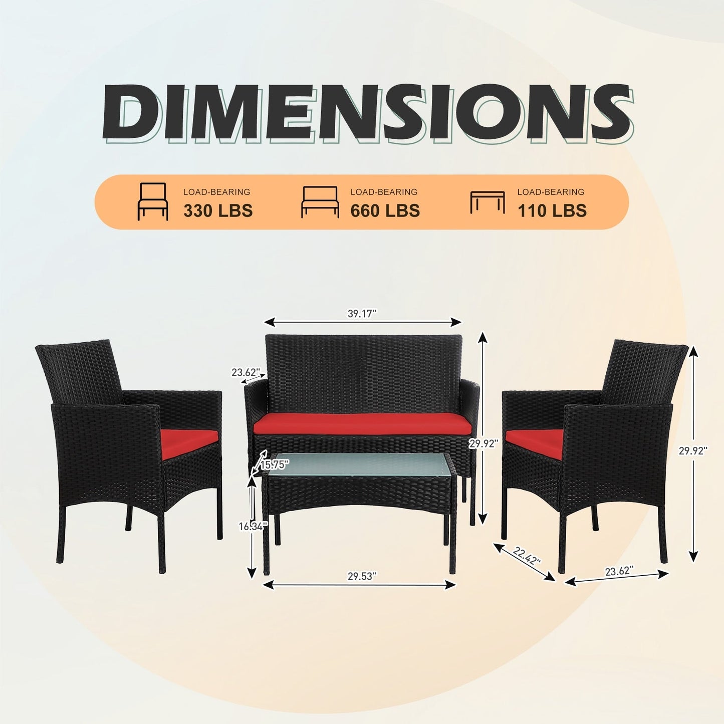 Set di mobili da giardino in vimini da 4 pezzi, set di mobili da esterno in rattan con cuscini