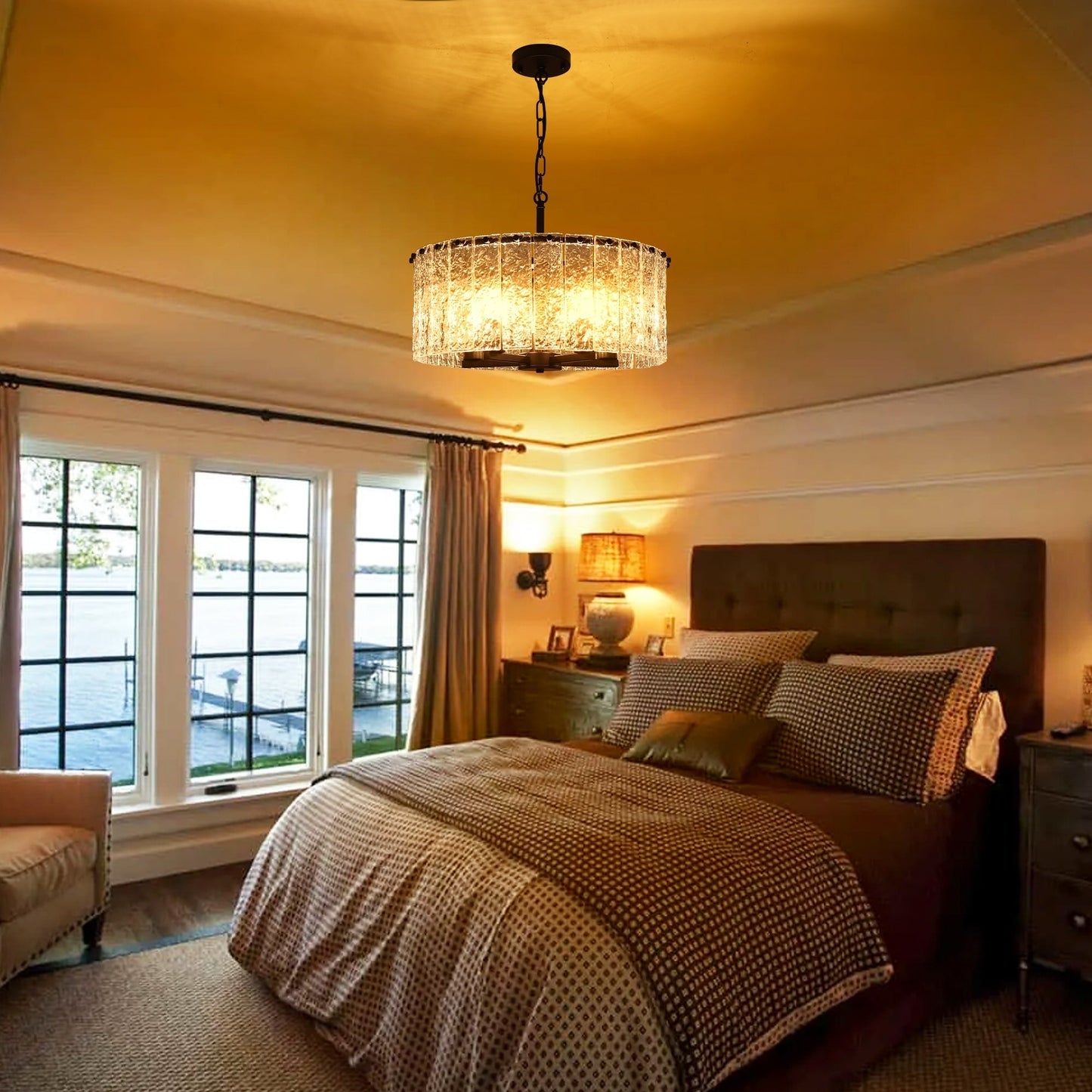 Lampadario moderno a tamburo rotondo a 5 luci, lampadario classico semi-incassato, lampada a sospensione per isola cucina e sala da pranzo