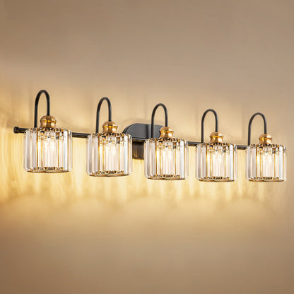 Lampada da bagno lineare Glam a 5 luci dimmerabile in cristallo con paralume cilindrico in cristallo